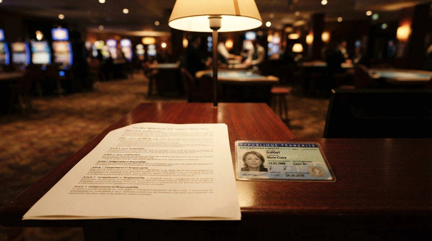 Le texte de loi et une carte d'identité posés côte à côte sur un comptoir d'accueil de casino
