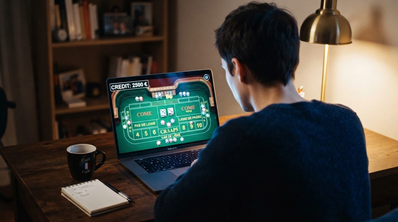 Écran de craps en mode démonstration avec crédits virtuels et interface de tutoriel