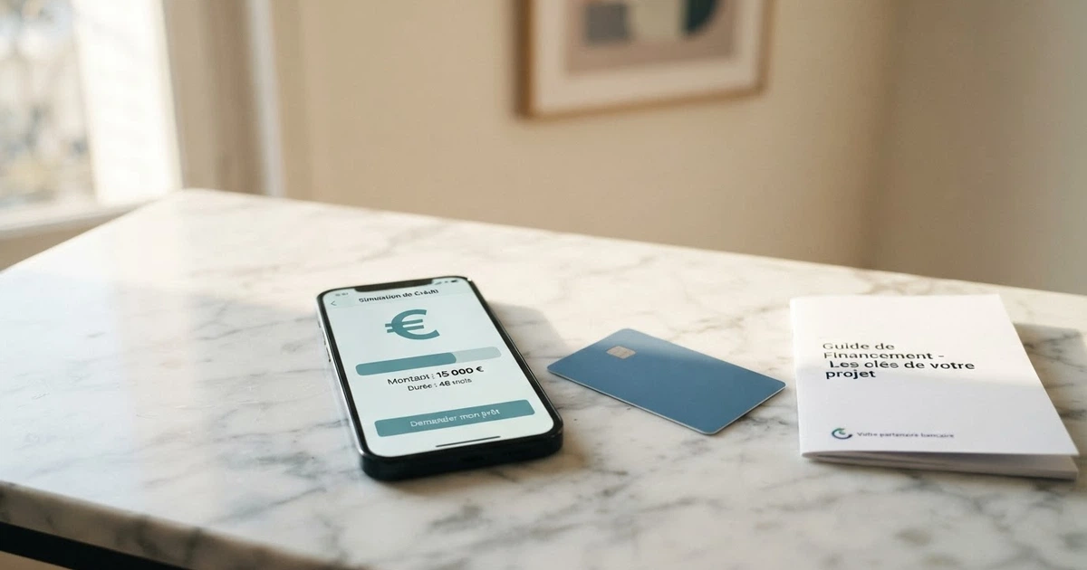 Logo FLOA Bank sur fond blanc à côté d'une carte bancaire et d'un écran affichant une simulation de crédit