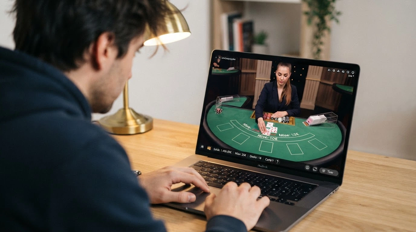 Un croupier distribue des cartes sur une table de blackjack en direct, vu à travers un écran avec l'interface de jeu du joueur