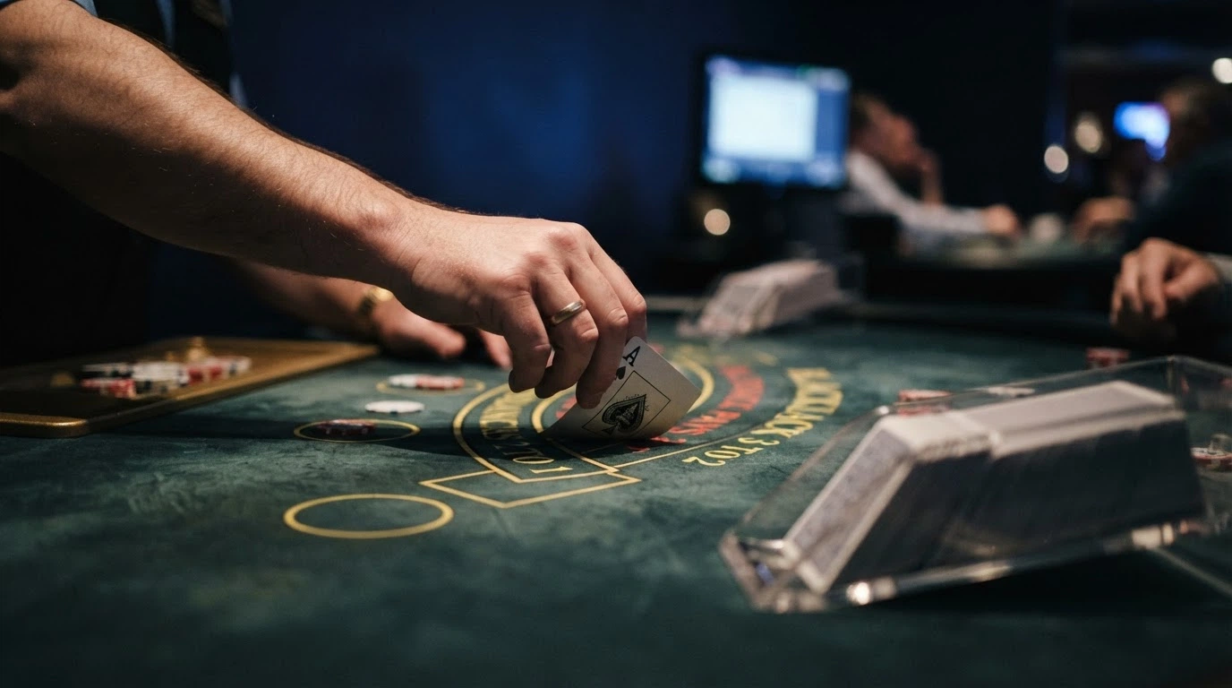 Un croupier filmé en gros plan retourne une carte sur une table de blackjack live, le sabot est visible au premier plan, le tapis affiche les zones de mise.