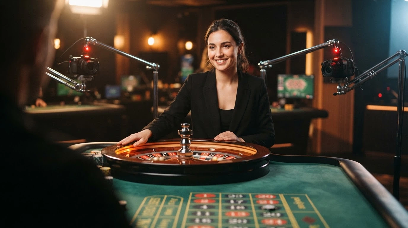Un croupier francophone souriant face à une table de roulette live, les caméras de streaming visibles en arrière-plan du studio
