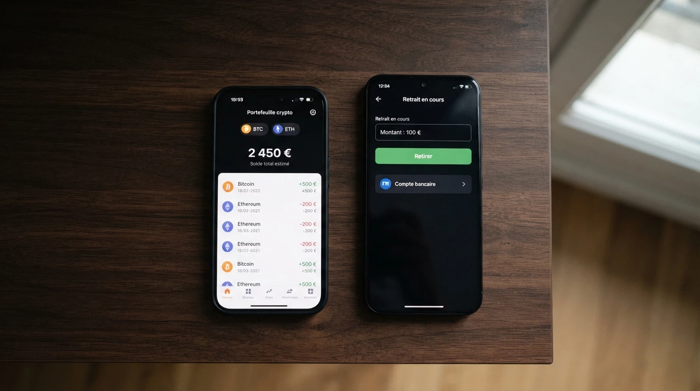 Un portefeuille de cryptomonnaies affiché sur un écran de smartphone, avec des logos Bitcoin, Ethereum et USDT, à côté d'une interface de retrait de casino