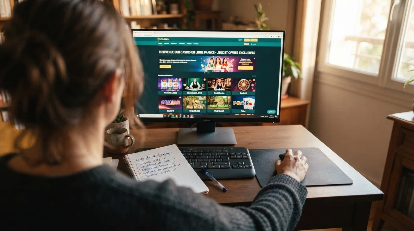 Une main posée sur une souris d'ordinateur devant un écran montrant une page d'accueil de casino, avec un bloc-notes et un stylo à côté listant des critères de vérification