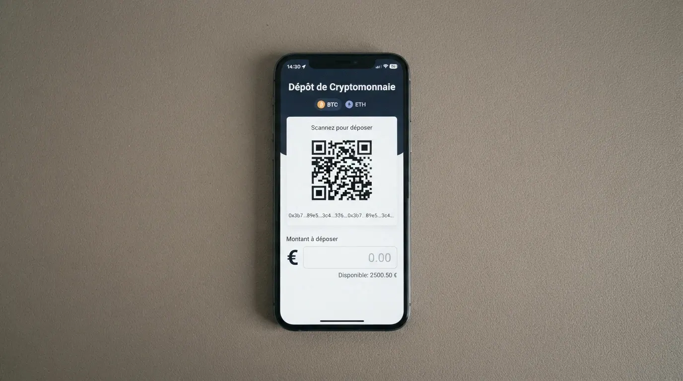 Écran de dépôt en Bitcoin sur un casino en ligne affichant une adresse de portefeuille, un montant en BTC et un QR code de transaction