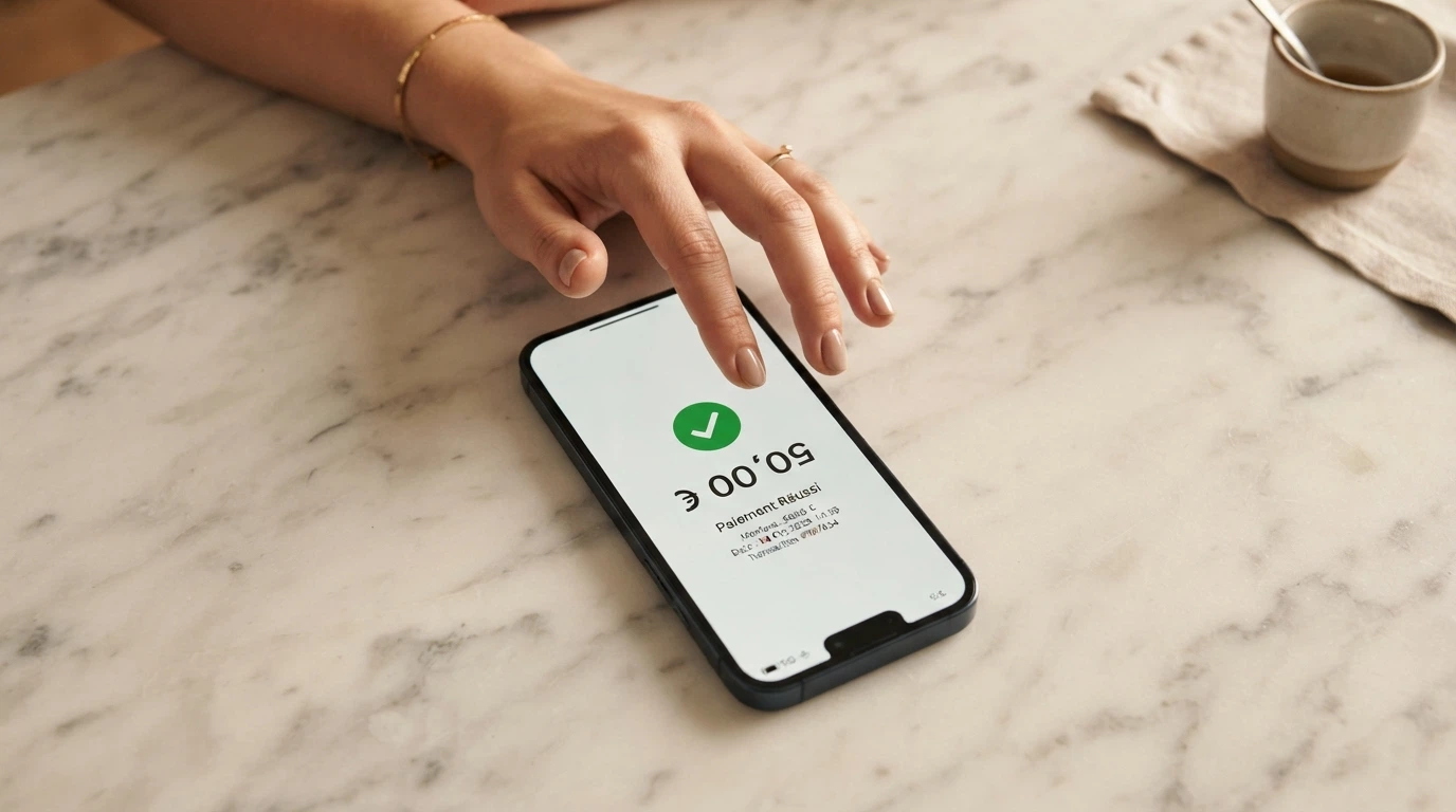 Un téléphone affichant un écran de confirmation de paiement par facture mobile, avec le logo d'un opérateur télécom et un montant en euros