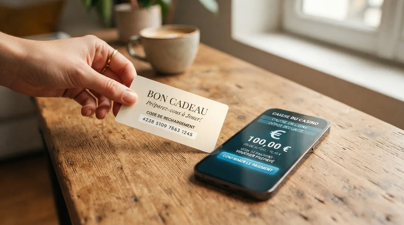 Un bon prépayé Jeton Cash physique avec son code PIN à 19 chiffres, posé à côté d'un écran de casino ouvert sur la page de caisse