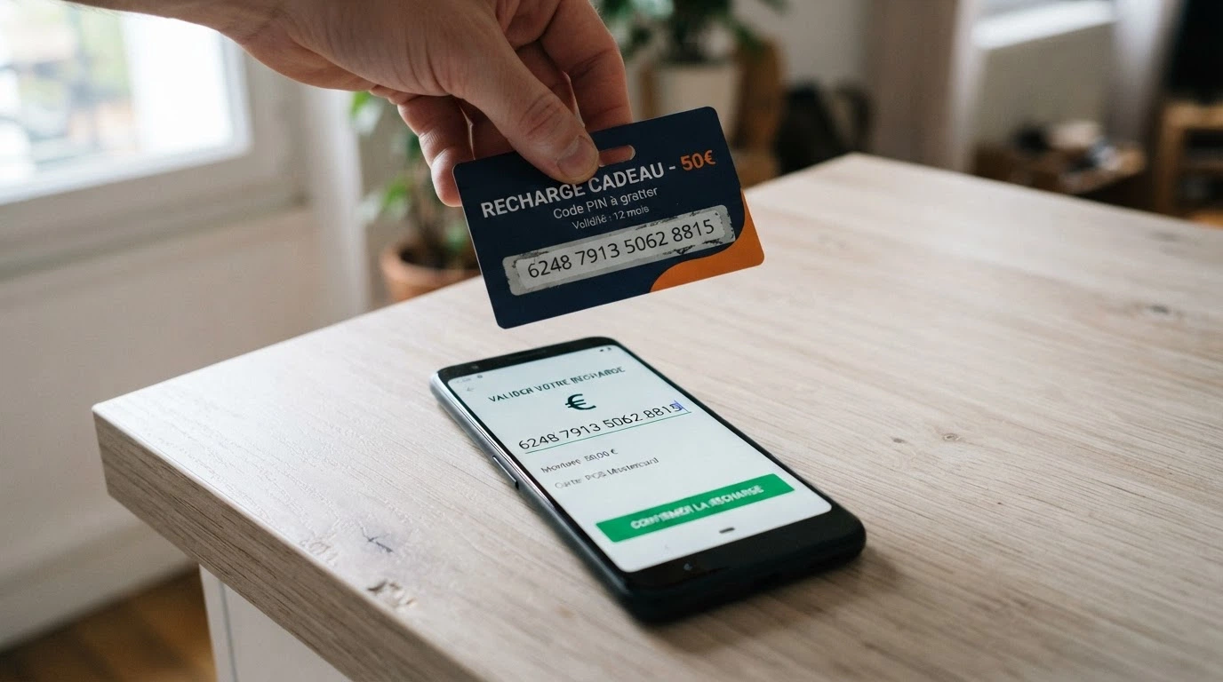 Un code PIN à 16 chiffres gratté sur un voucher Paysafecard, saisi sur l'interface de dépôt d'un casino en ligne