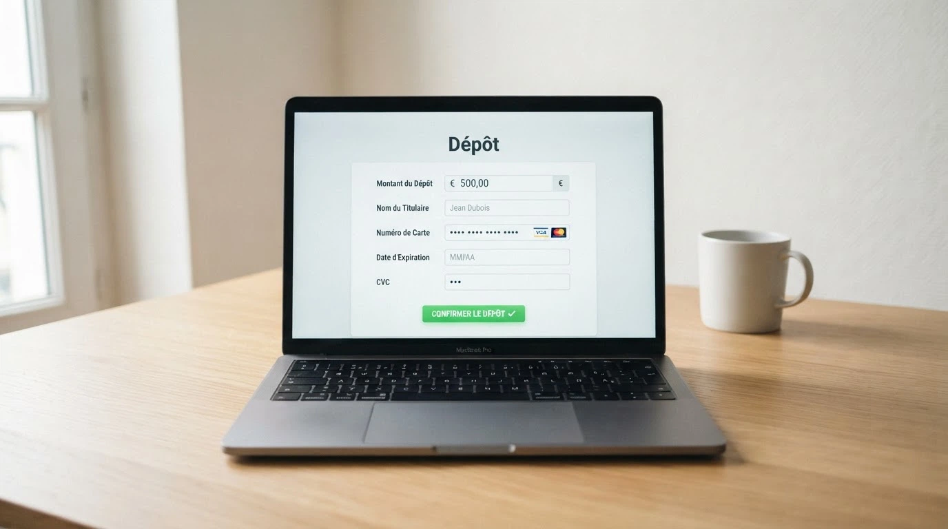 Interface de dépôt par carte bancaire sur un casino en ligne affichant les champs de saisie du montant et des coordonnées CB