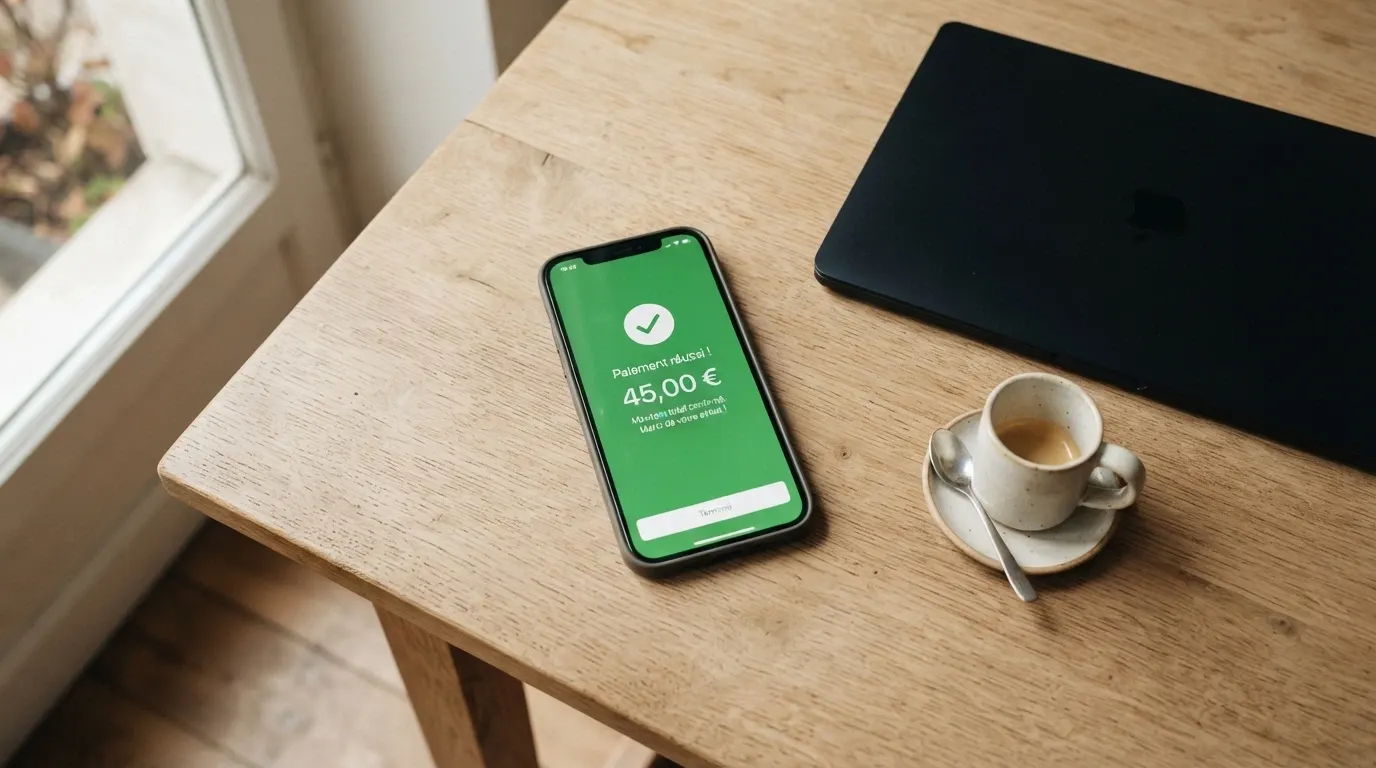 Écran de caisse d'un site de casino affichant Neteller comme option de dépôt, avec un téléphone à côté montrant une notification de transaction