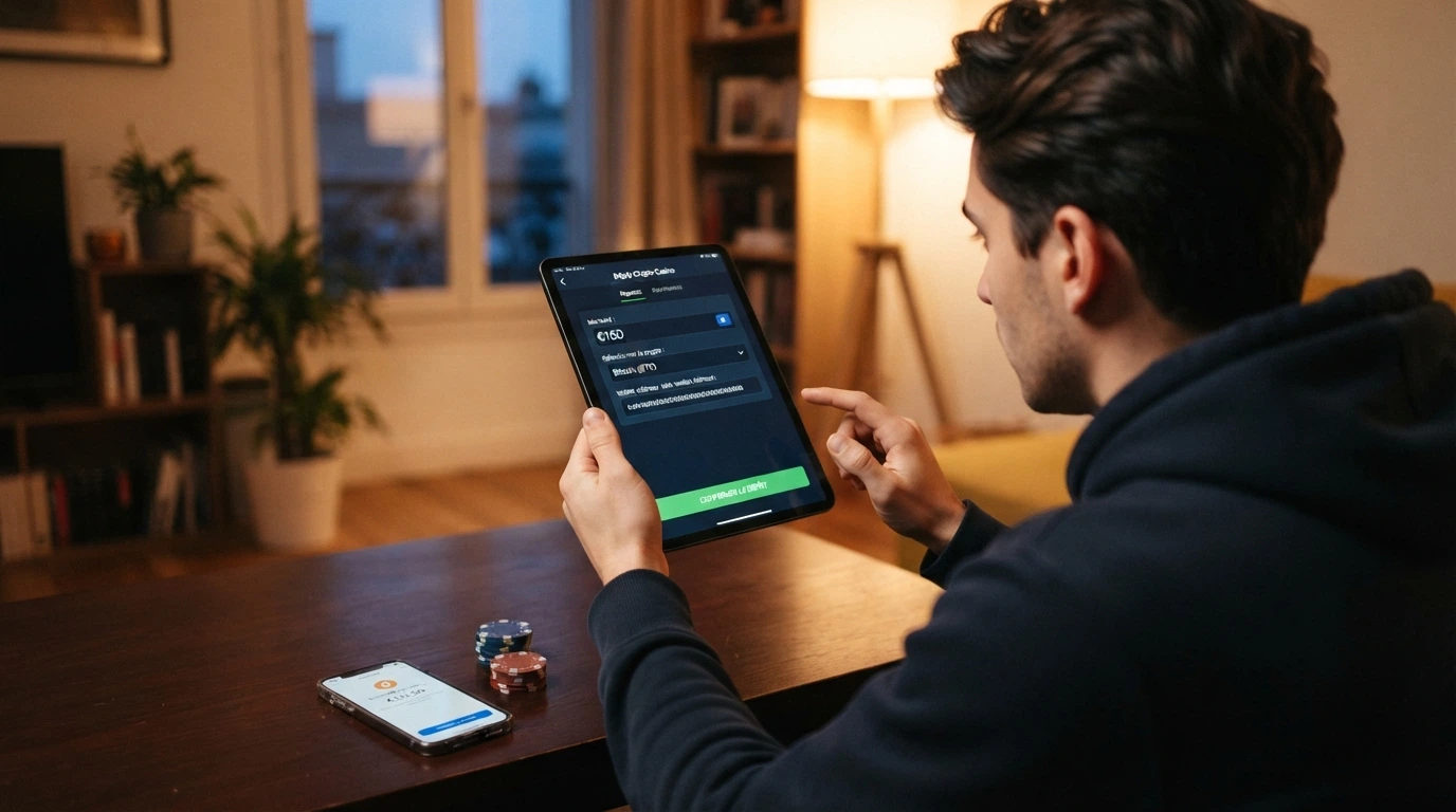 Une main transférant une pièce numérique USDT entre un portefeuille crypto sur téléphone et un écran de casino, une flèche symbolisant le transfert instantané