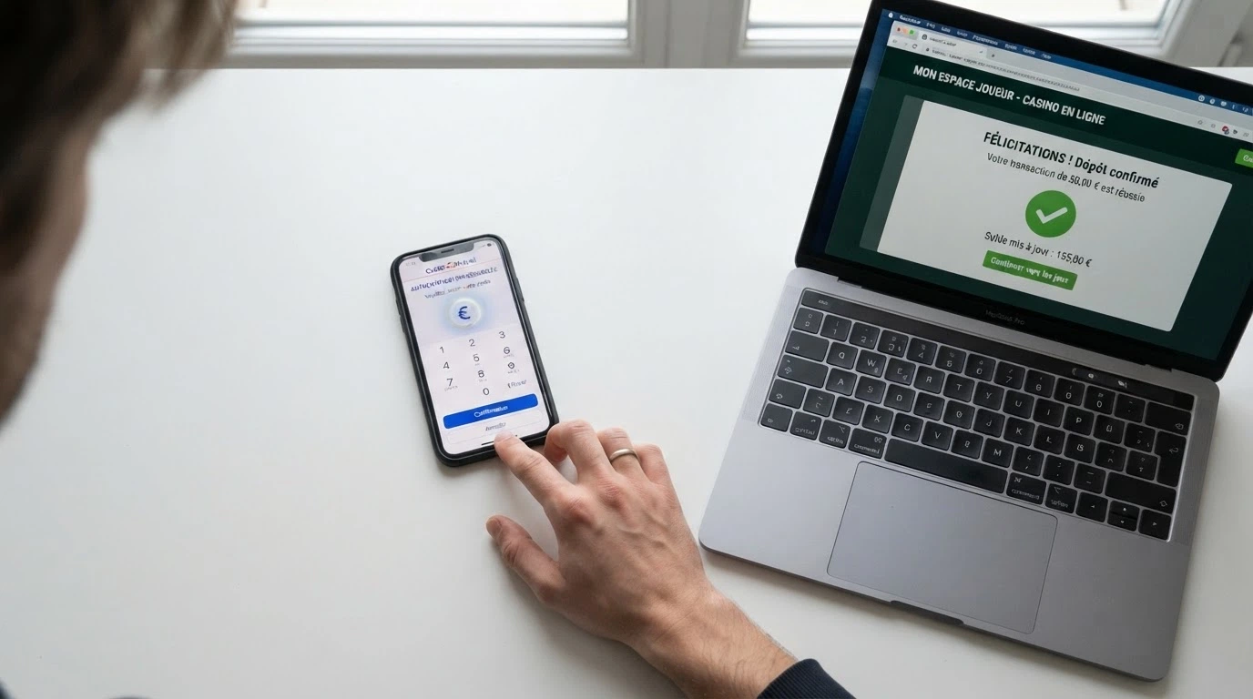 Smartphone affichant une application bancaire française avec l'écran d'authentification à deux facteurs, à côté d'un ordinateur ouvert sur la caisse d'un casino en ligne
