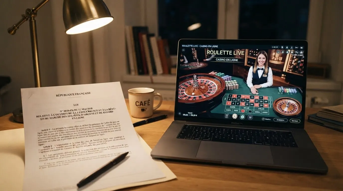 Un extrait de texte juridique français posé à côté d'un écran affichant l'interface d'un casino en direct, le contraste entre le cadre légal et la réalité de l'offre accessible