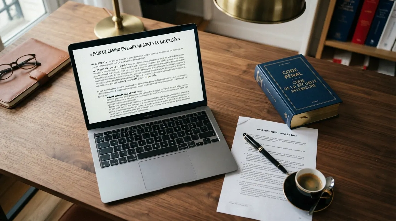 Un extrait de texte juridique français posé à côté d'un clavier, avec le logo de l'ANJ visible en filigrane sur le document