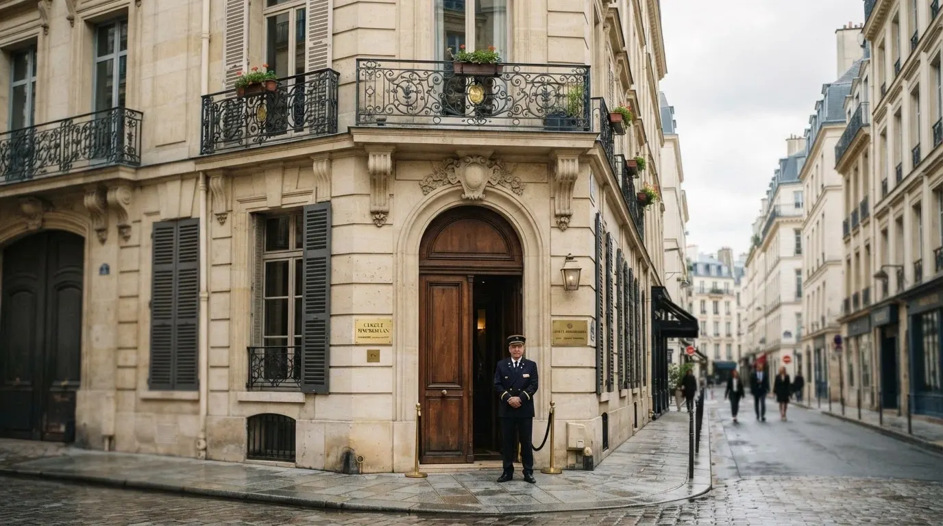 L'entrée discrète d'un club de jeux parisien, avec enseigne sobre et porte gardée, dans une rue haussmannienne