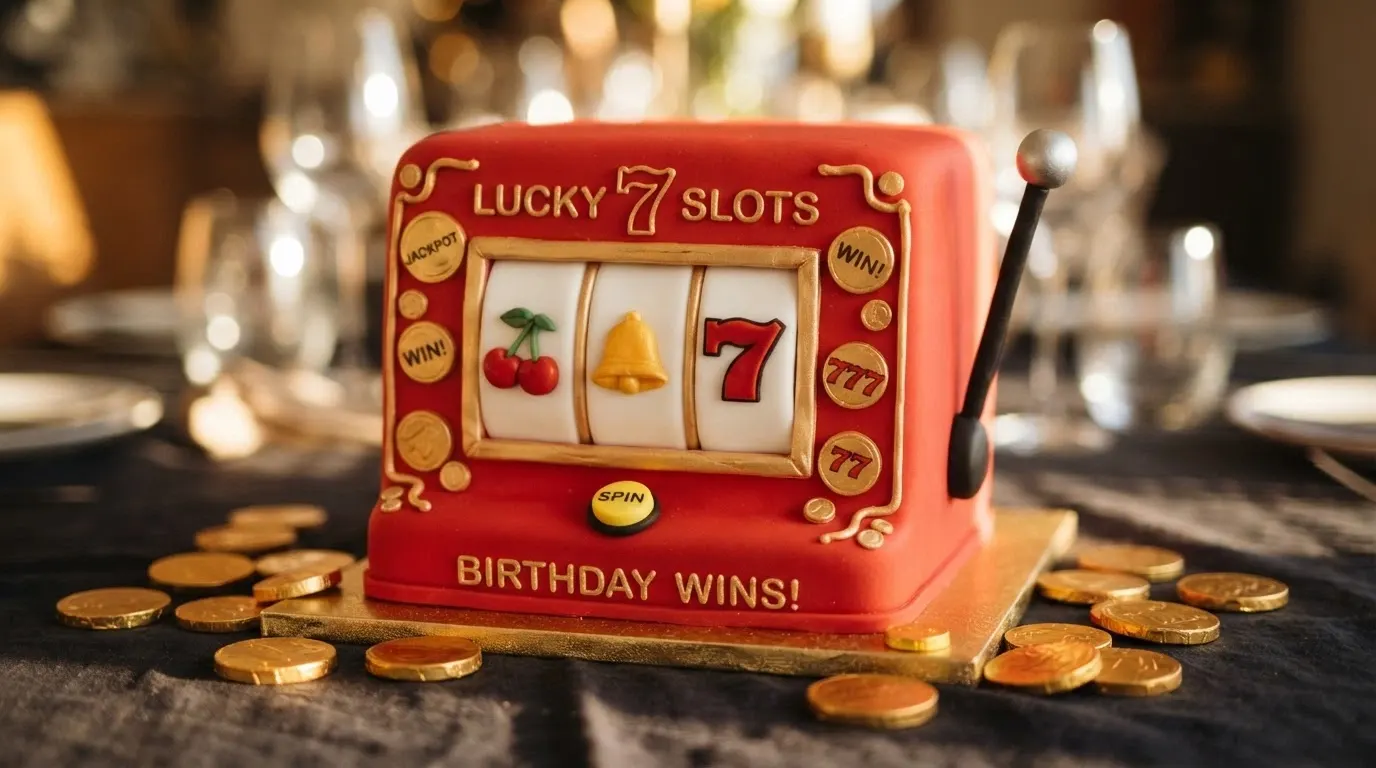 Gâteau d'anniversaire rectangulaire décoré comme une machine à sous, avec un écran en pâte à sucre, des rouleaux et des pièces en chocolat doré autour