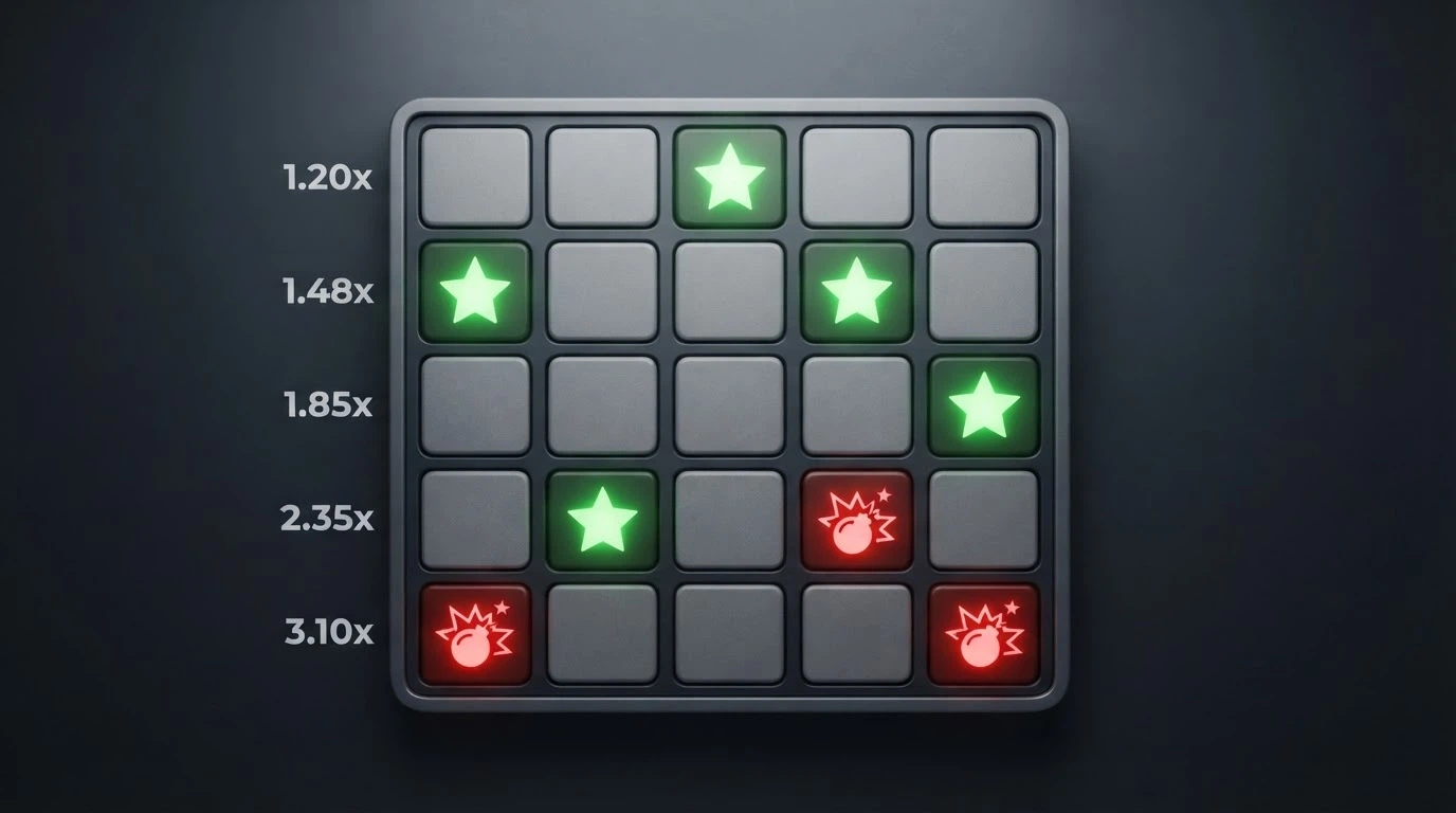 Schéma annoté d'une grille de Mines 5×5 avec 3 mines cachées, 5 étoiles révélées et un multiplicateur progressif indiqué case par case