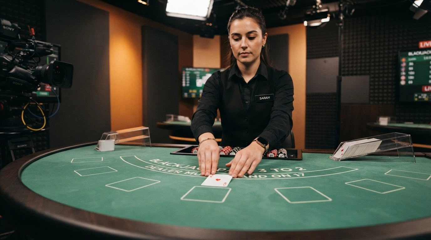 Table de Hi-Lo en direct filmée avec un croupier professionnel distribuant des cartes face caméra
