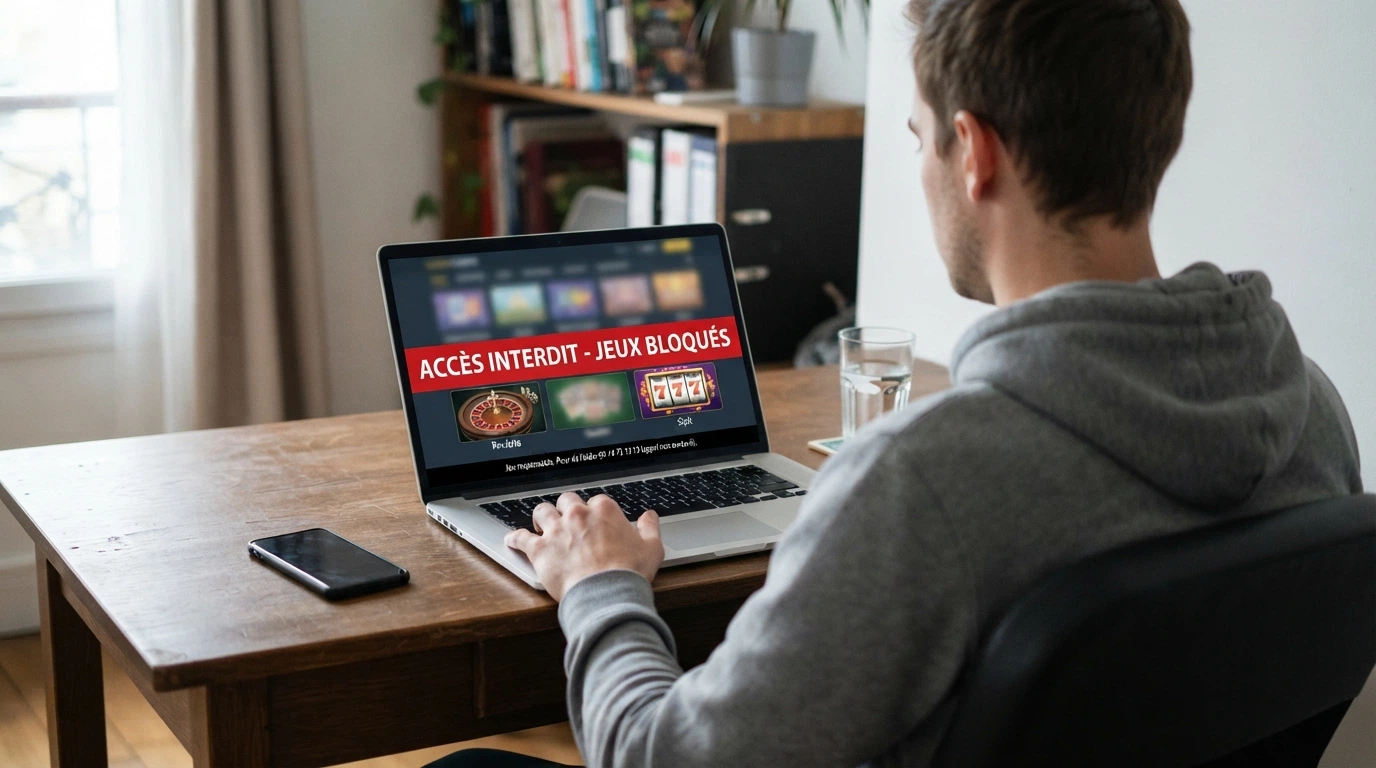 Une interface de casino en ligne affichée sur un écran d'ordinateur, barrée d'un bandeau rouge « interdit en France », avec le logo de l'ANJ visible en bas.