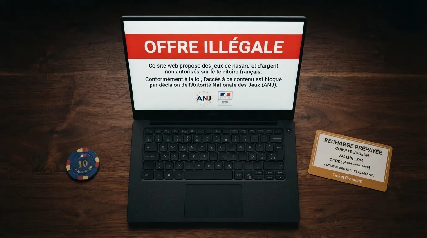 Un écran affichant le site de l'ANJ avec la mention offre illégale en surimpression, un ticket Neosurf posé à côté d'une carte d'identité française