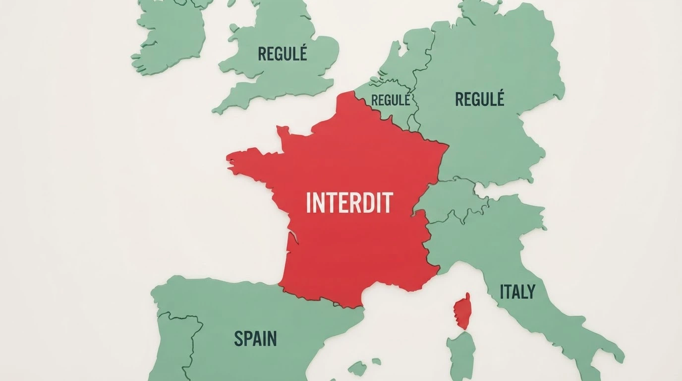Une carte de l'Europe où la France apparaît en rouge parmi des pays voisins en vert, légendée « casino en ligne interdit » vs « casino en ligne régulé »