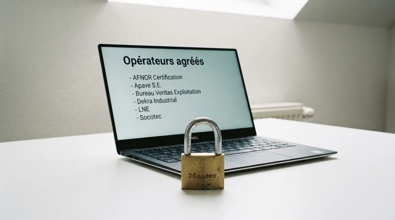 Un écran affichant le site de l'ANJ avec la liste des opérateurs agréés, un cadenas barrant l'icône d'un casino