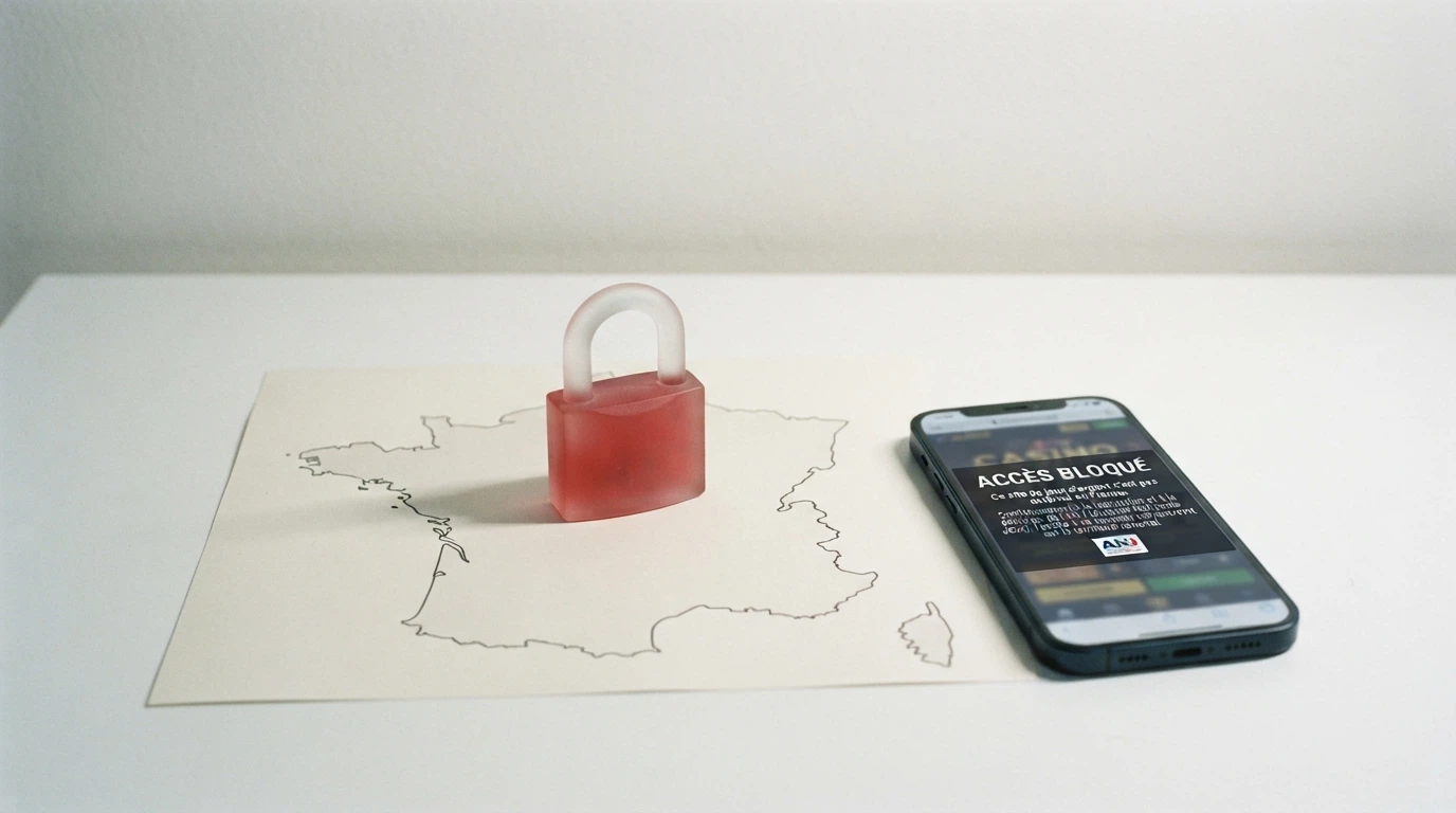 Une carte de France barrée d'un cadenas rouge, juxtaposée à l'écran d'un site de casino affichant un message de blocage