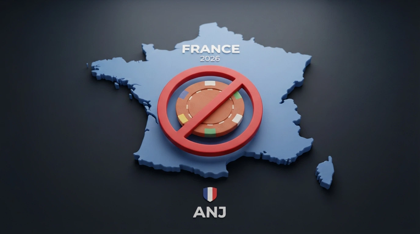 Une carte de France avec une icône de casino barrée d'un trait rouge, le logo de l'ANJ visible en bas