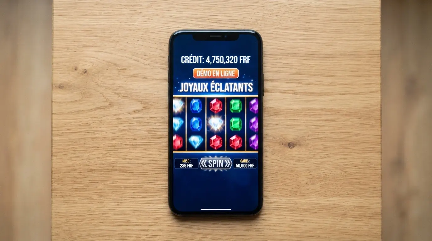 Un navigateur web affichant une machine à sous en mode démo, avec le compteur de crédits virtuels visible en haut de l'écran