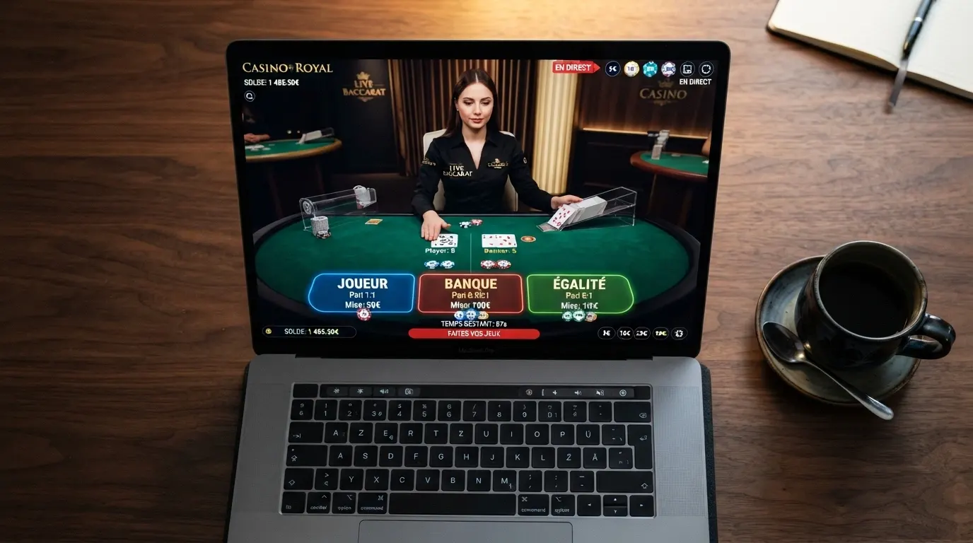 L'interface d'une table de baccarat en direct affichant les zones de mise Joueur et Banque, avec le croupier visible à l'écran et les cartes en cours de distribution