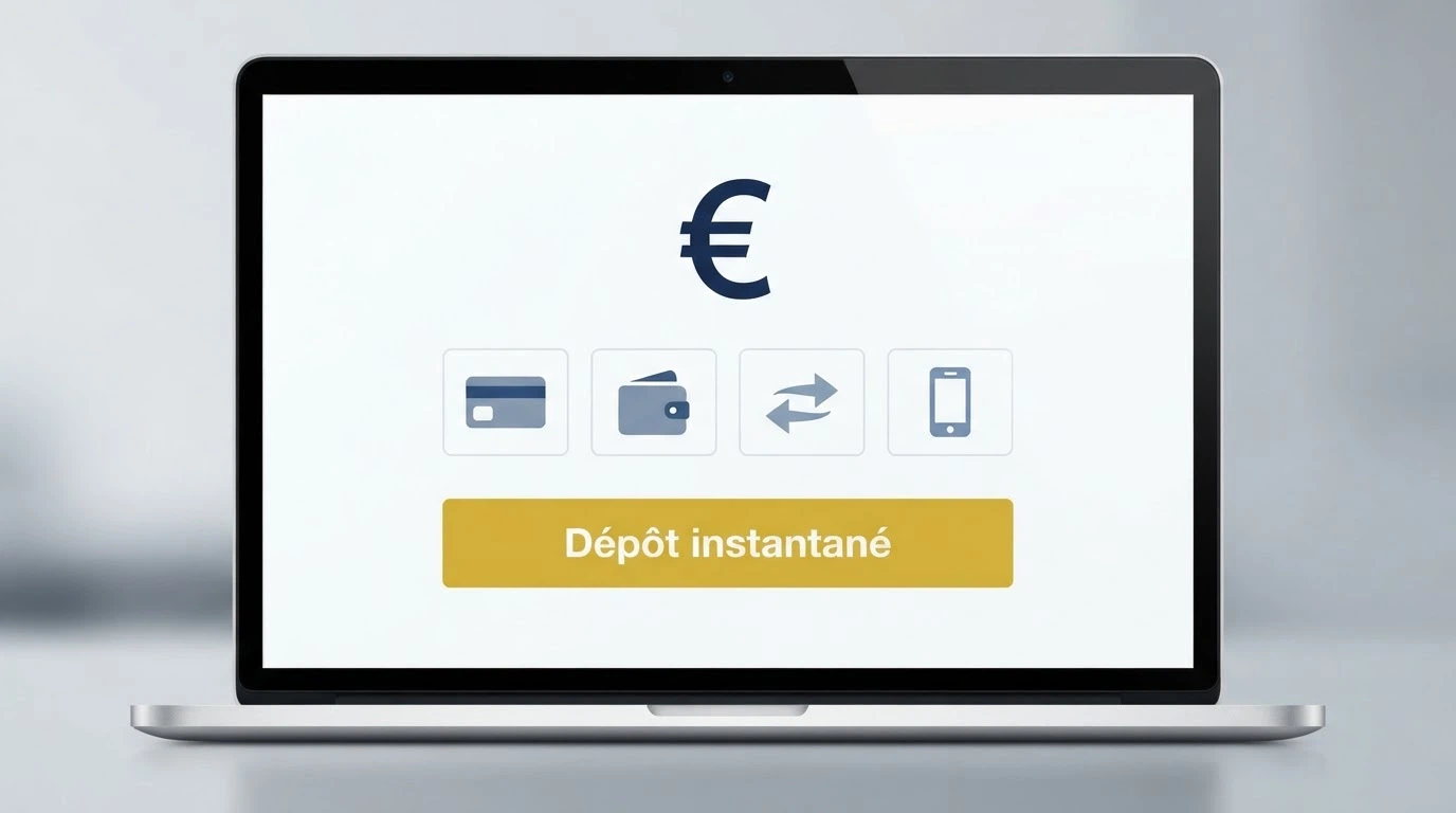 Interface de paiement d'un casino en ligne affichant plusieurs méthodes (carte bancaire, PayPal, virement) avec un bouton « dépôt instantané » en surbrillance