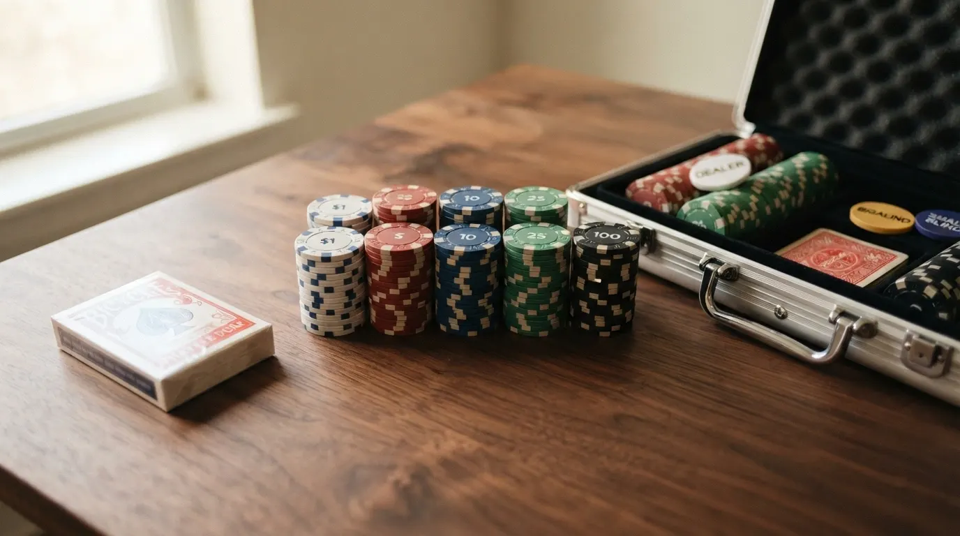 Jetons de poker de casino empilés par couleur et valeur, cartes à jouer et mallette de transport