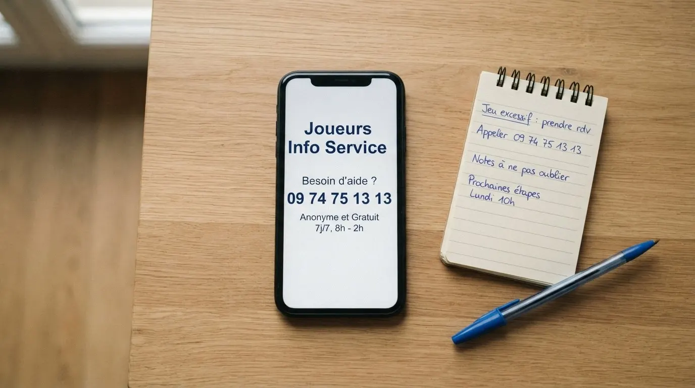 Un téléphone posé sur un bureau à côté d'un carnet et d'un stylo, l'écran du téléphone affichant le numéro de Joueurs Info Service et le logo d'Evalujeu