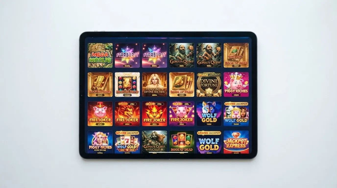 Une grille de machines à sous en ligne colorées sur un écran, avec l'interface d'un casino en ligne visible en arrière-plan