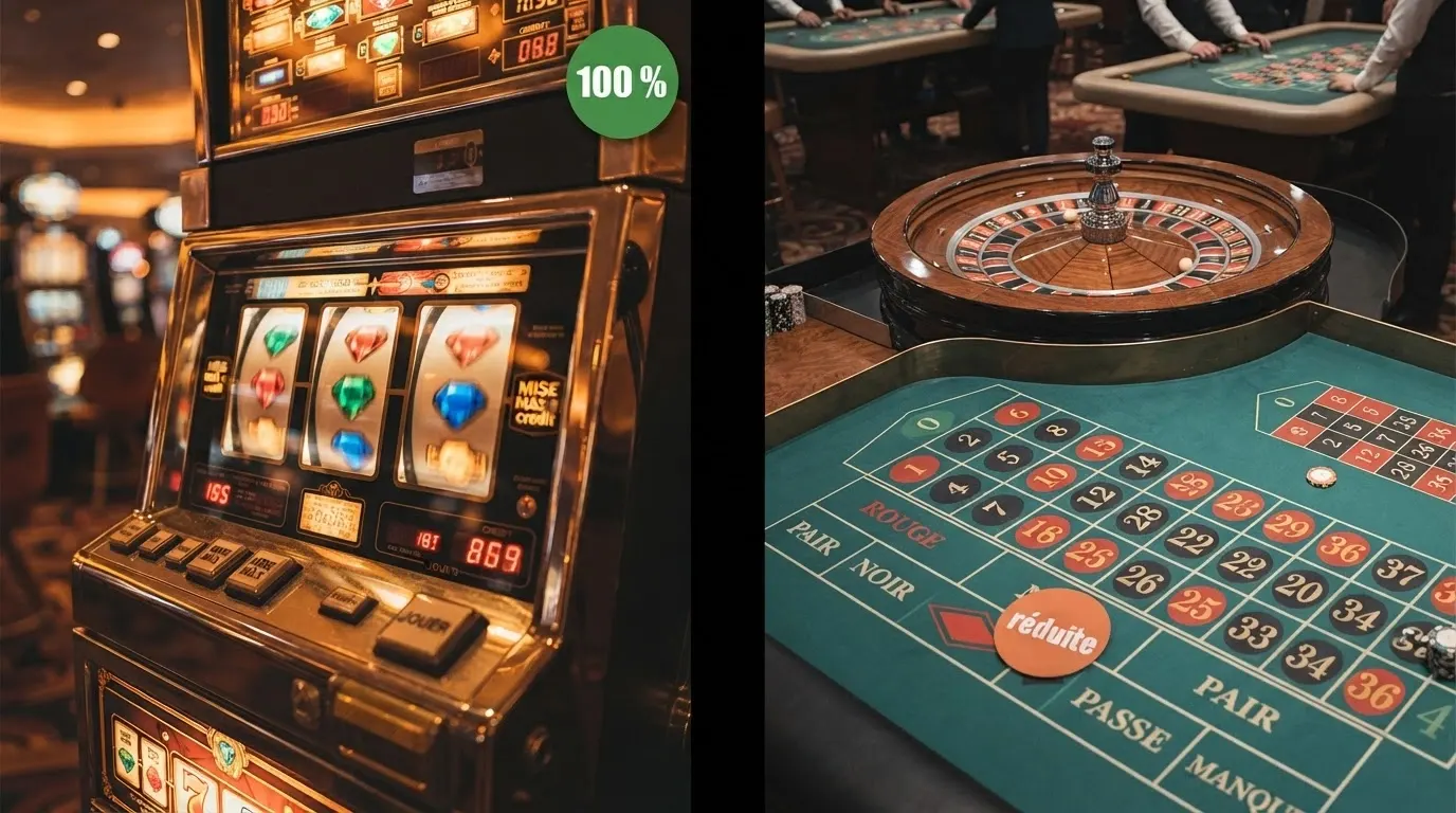 Écran partagé montrant d'un côté une machine à sous en action avec un badge « 100 % contribution », de l'autre une table de roulette avec un badge « contribution réduite »