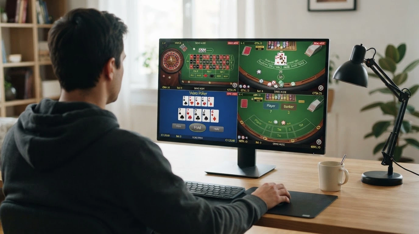 Un écran partagé en quatre vignettes montrant une roulette, une table de blackjack, une machine de vidéo poker et une table de baccarat, toutes en mode démo sur navigateur