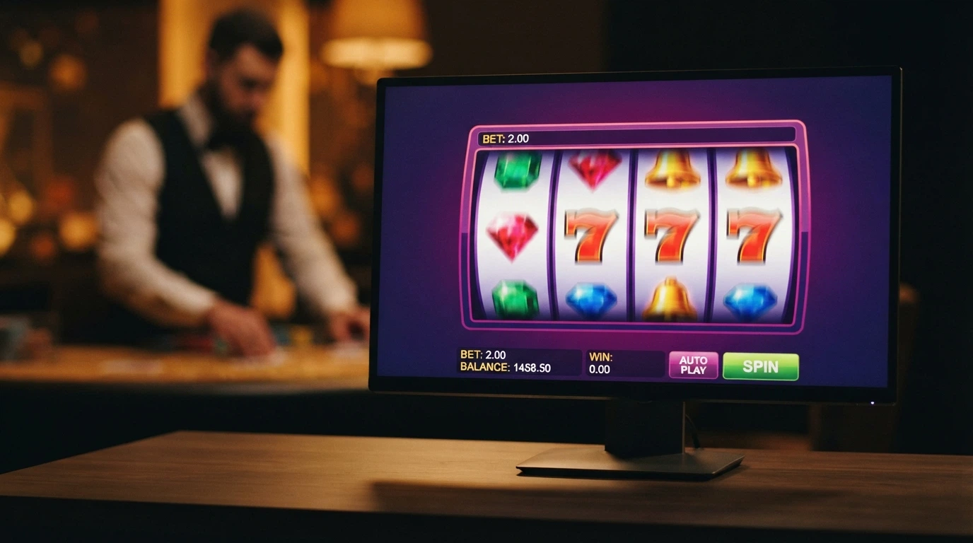 Une interface de machine à sous colorée sur un écran d'ordinateur, avec au second plan la silhouette d'un croupier de live casino