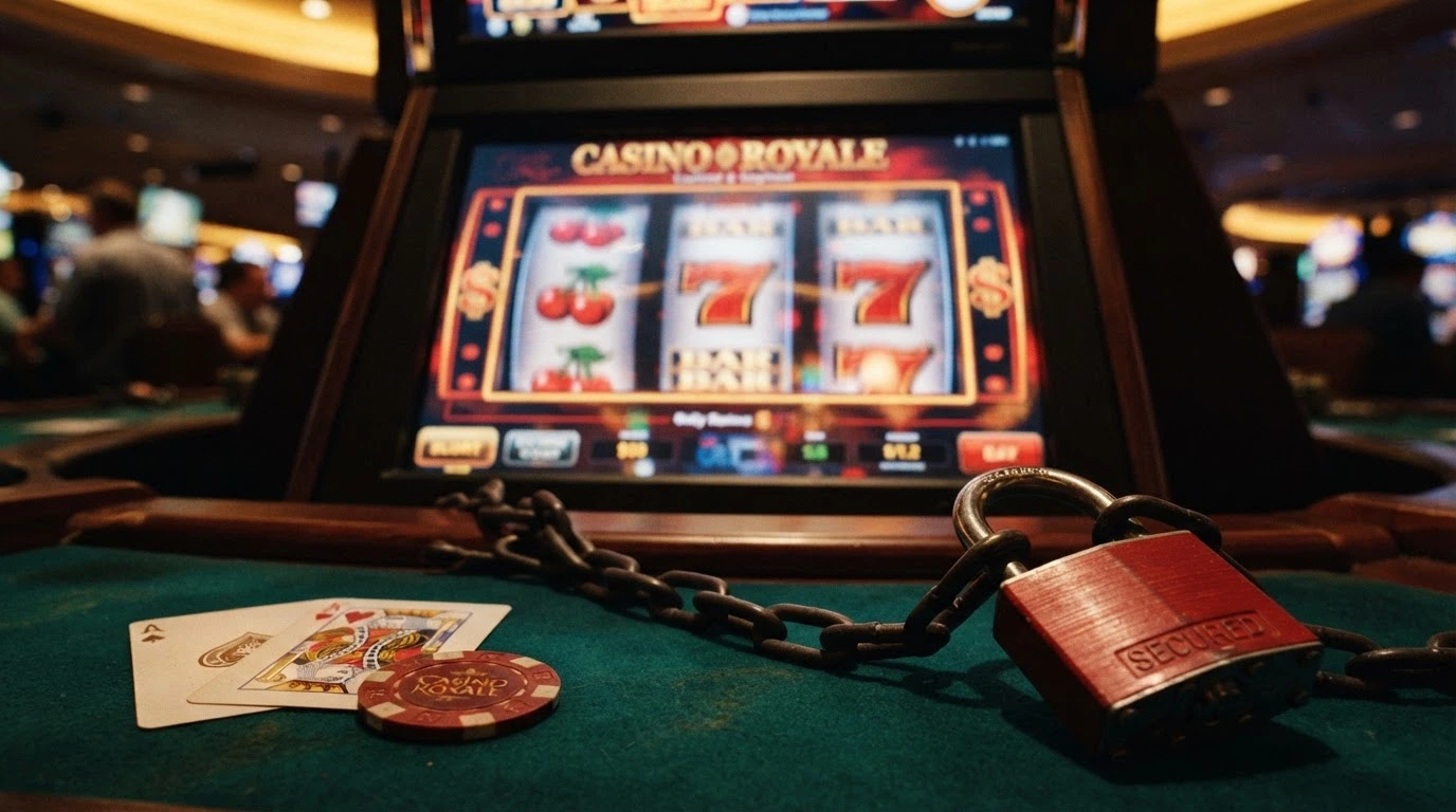 Une machine à sous en ligne aux couleurs vives, entourée d'icônes de blackjack, roulette et poker, avec un cadenas rouge barrant les symboles de casino