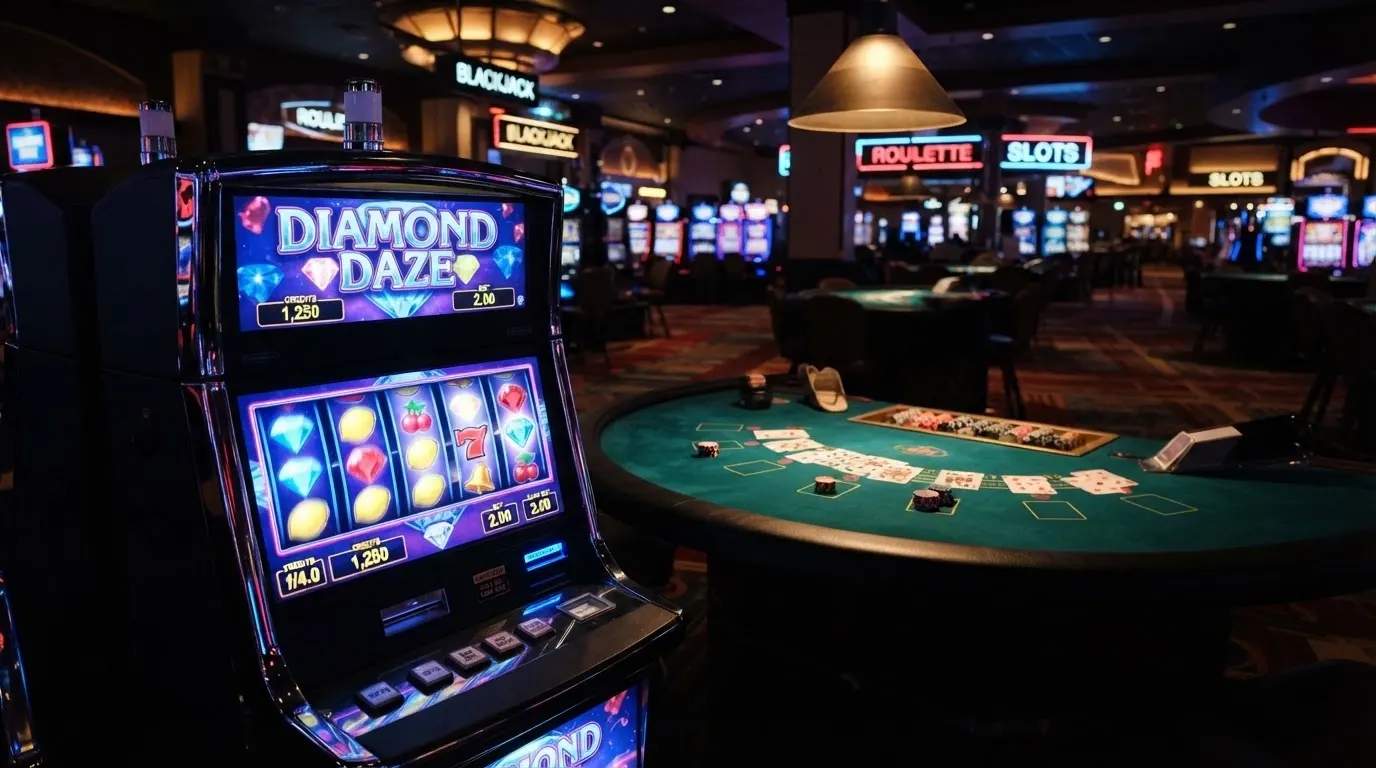 Un écran de casino en ligne montrant une machine à sous colorée à gauche et une table de blackjack en direct à droite