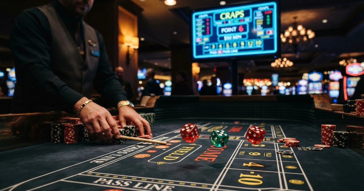 Une table de dés de casino avec trois dés colorés et un croupier en direct devant un écran de jeu illuminé