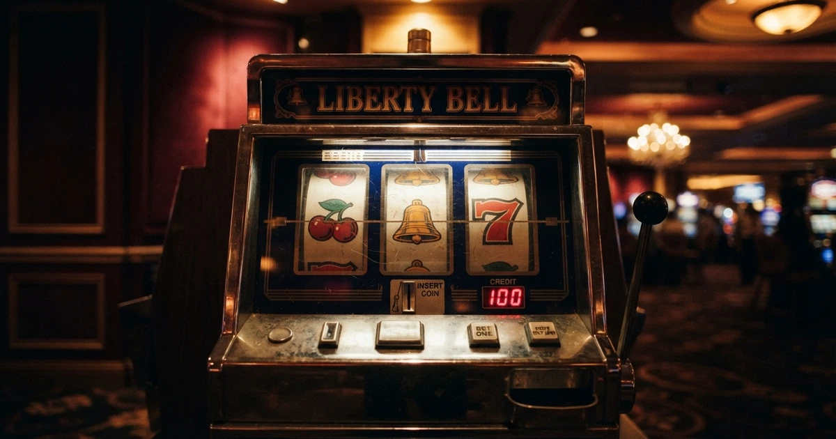 Une rangée de trois rouleaux de machine à sous classique affichant des symboles fruits, un 7 et une cloche sur fond de casino feutré