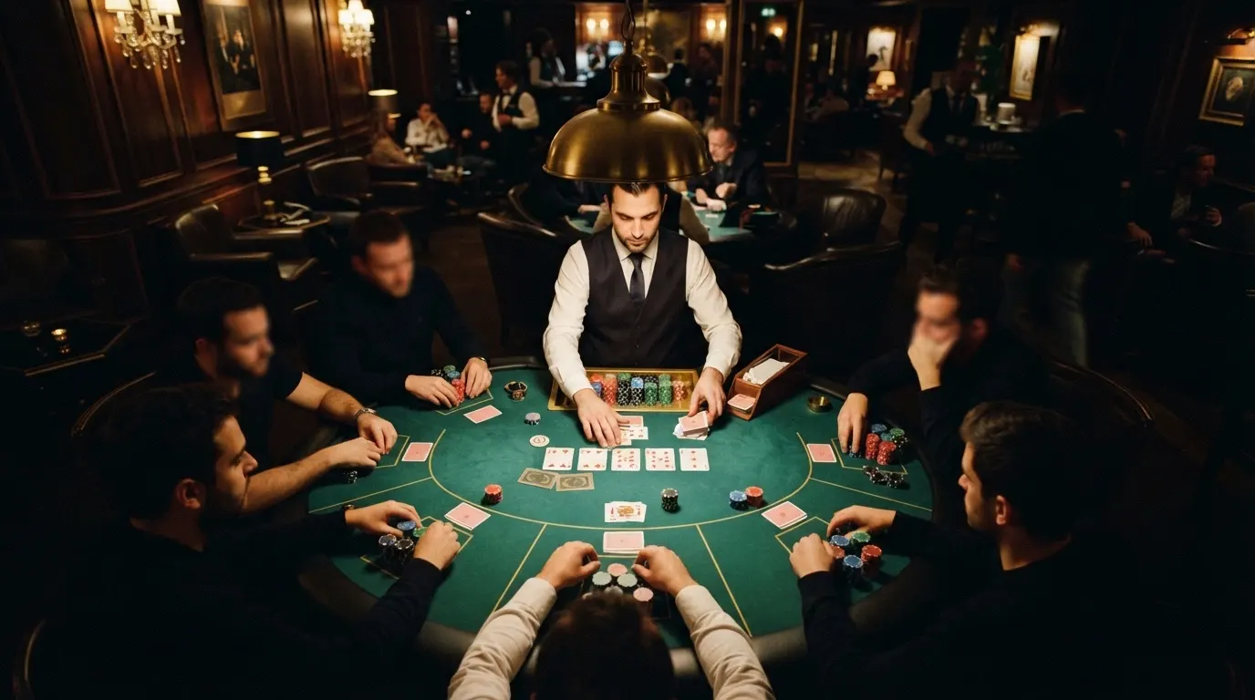 Une table de poker animée dans un club de jeux parisien, avec croupier, jetons et joueurs autour du tapis vert