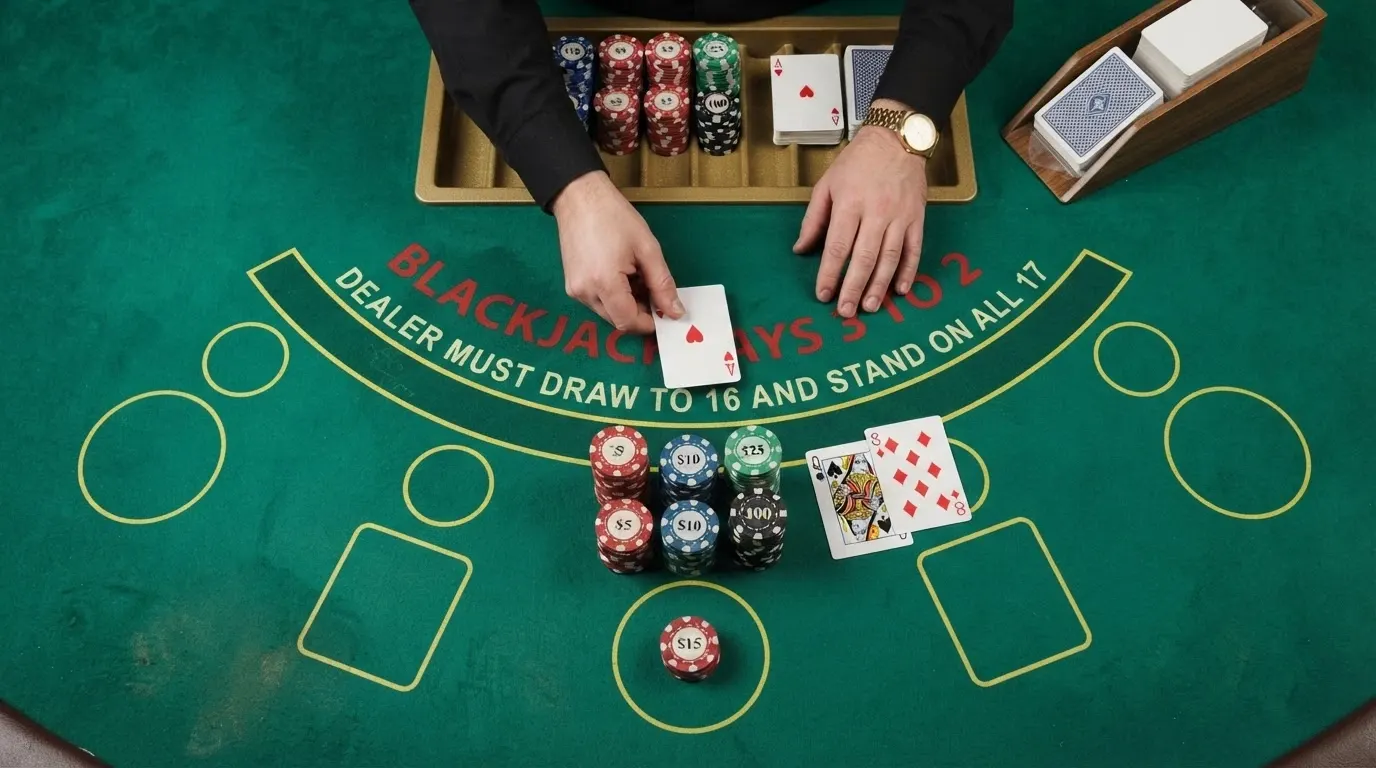 Une table de blackjack vue du dessus avec les mains d'un croupier qui distribue les cartes, jetons de mise alignés devant un écran d'interface de casino en ligne