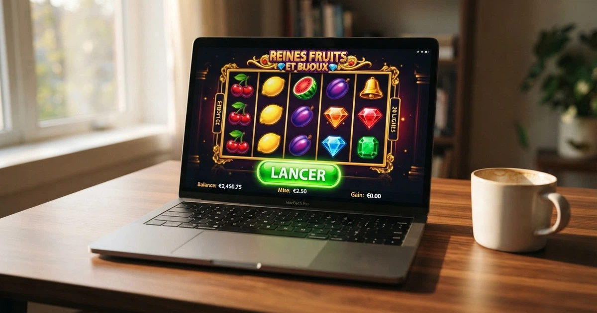 Une interface de machine à sous en mode démonstration sur un écran d'ordinateur, rouleaux visibles et bouton « lancer » affiché