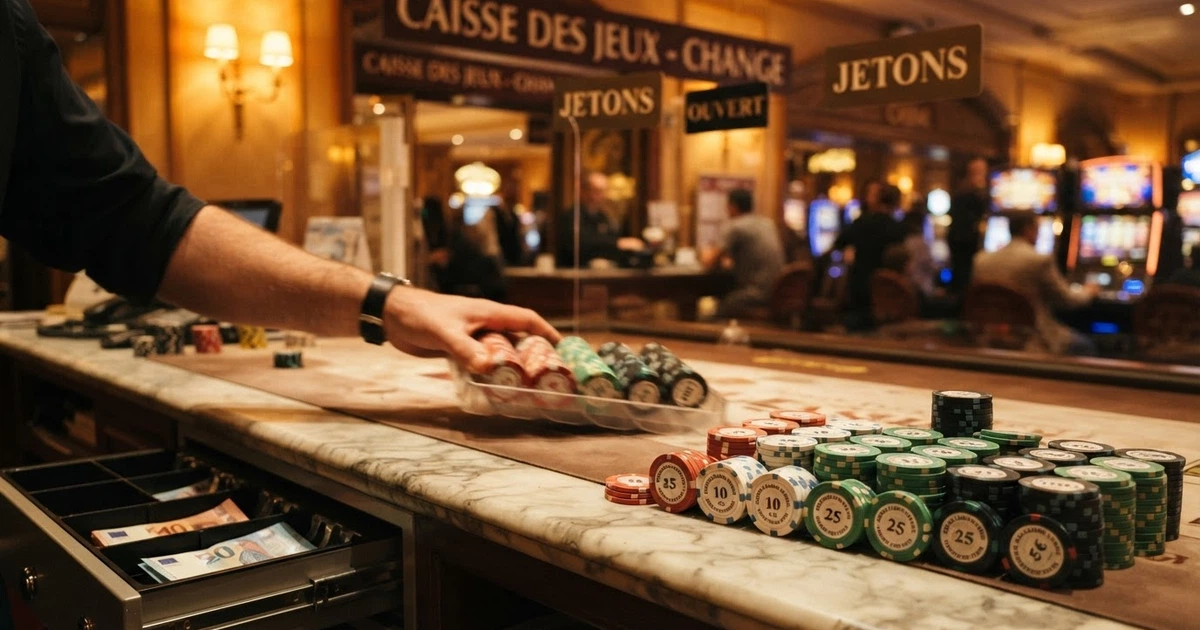 Des billets de banque et des jetons de casino posés sur un comptoir de change