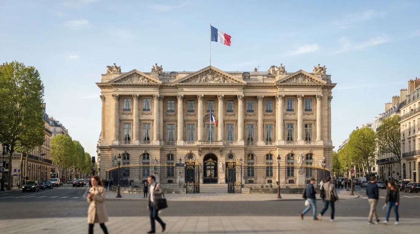 La façade du bâtiment de l'Autorité nationale des jeux à Paris, avec le drapeau français et le logo de l'ANJ