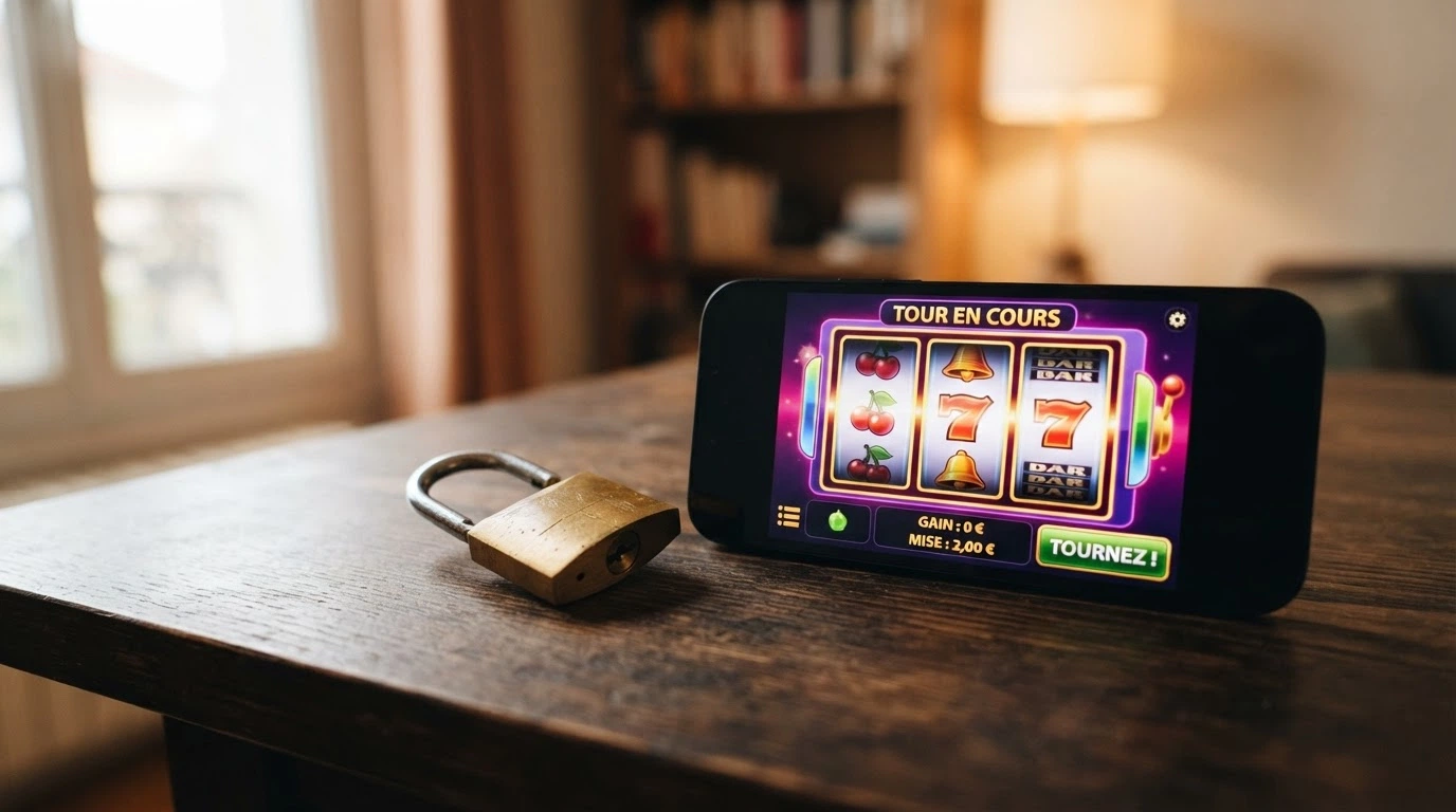 Un document officiel portant le logo de l'ANJ posé à côté d'un smartphone affichant une page de casino en ligne, avec un verrou ouvert en surimpression.
