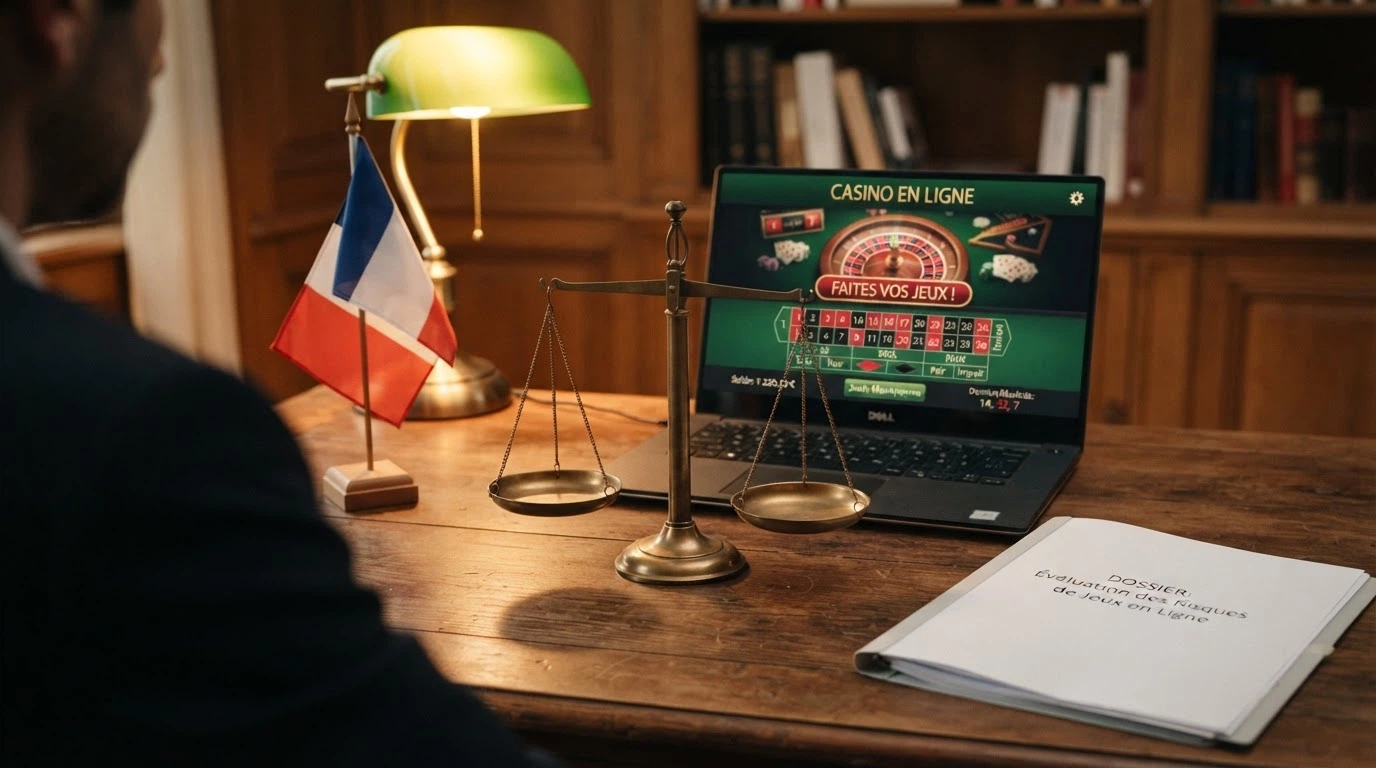 Une balance symbolisant la justice française posée à côté d'un écran affichant un casino en ligne, avec le drapeau français et le logo de l'ANJ en arrière-plan.