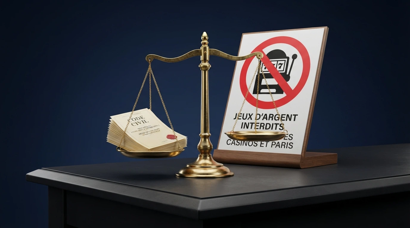 Le logo de l'ANJ sur un fond de texte juridique, une balance à côté