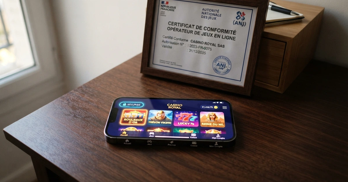 Une interface de casino en ligne affichant une grille de machines à sous populaires, le cadenas de sécurité dans la barre d'adresse, et le logo d'une autorité de licence visible en pied de page.